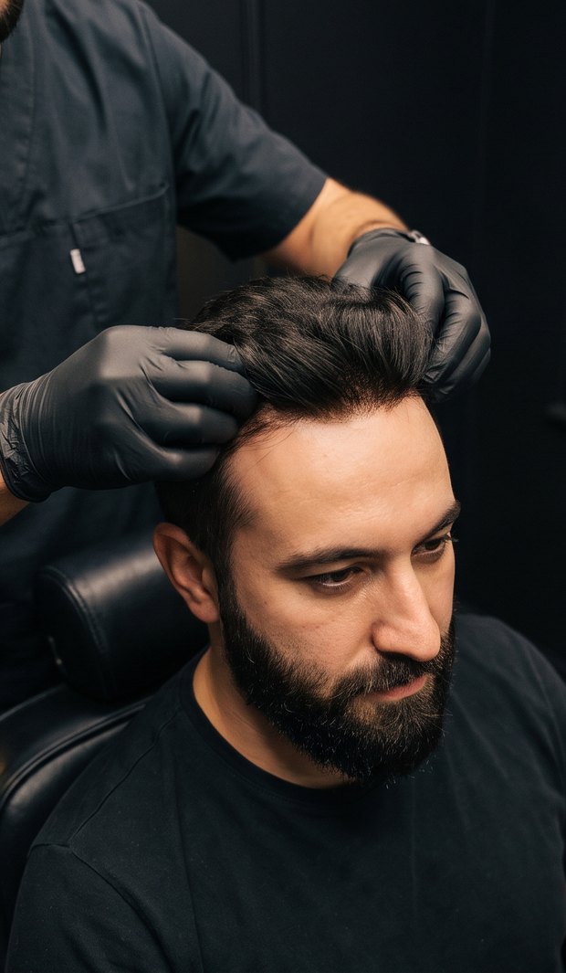 Fitted: the tailored hair system being blended at the hairline