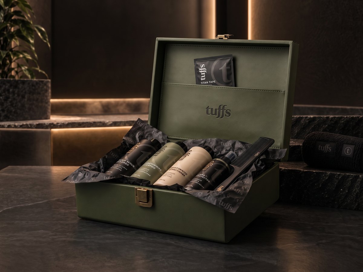 The Tuffs Product Case in olive, open, with the bottles in tissue and a tape sachet in the lid