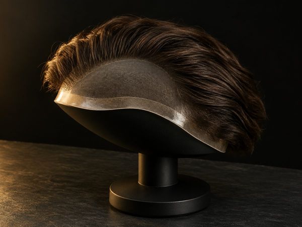 A hybrid hair system on a black stand