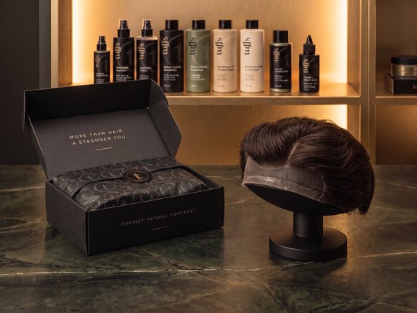 A hybrid hair system on its stand beside the open Tuffs box, the care range on the shelf behind