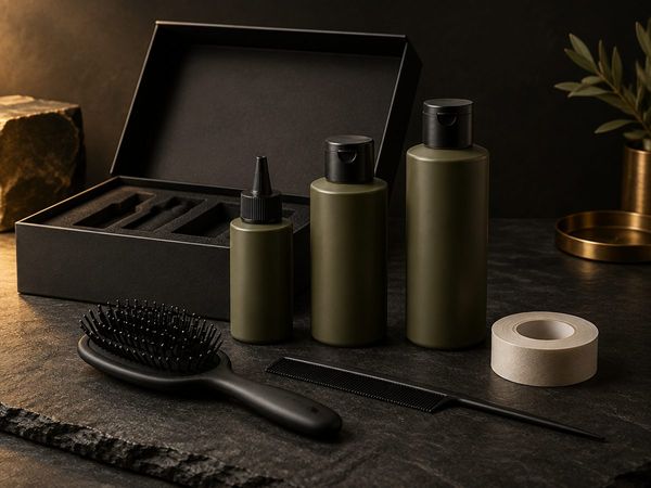 The hair system kit: adhesive, remover, cleanser, brush, comb and tape