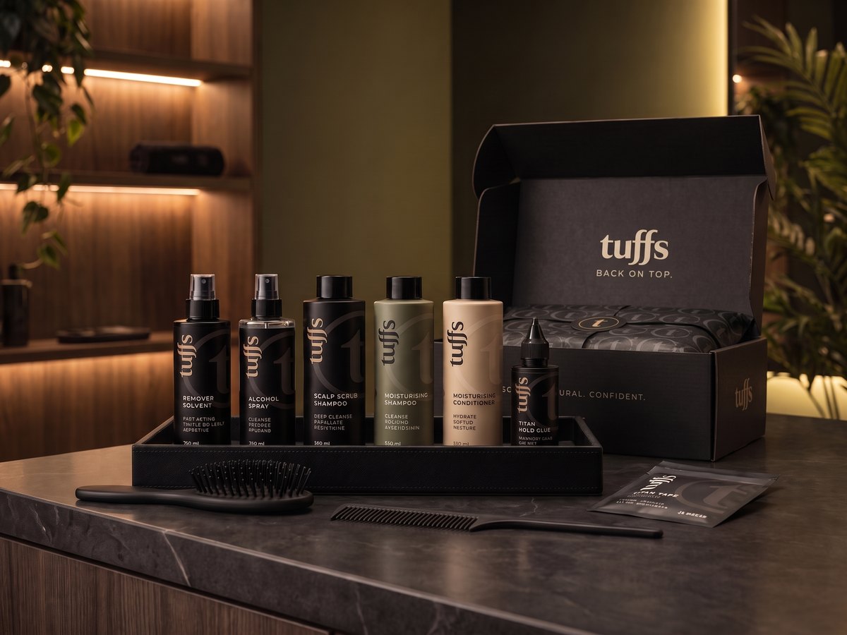 The Tuffs Hair System Kit: the care range on a black tray with brush and comb, the Tuffs box behind