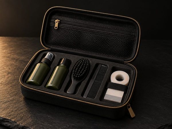 The travel kit open, carry-on sizes in a zip case