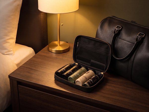 The Tuffs Travel Kit open on a hotel dresser, travel-size bottles and comb in the zip case