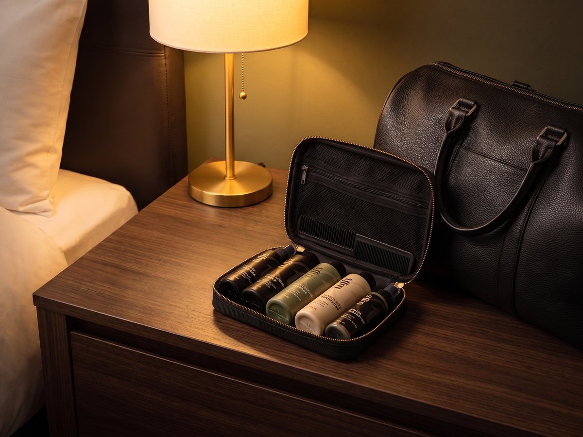 The Tuffs Travel Kit open on a hotel dresser, travel-size bottles and comb in the zip case