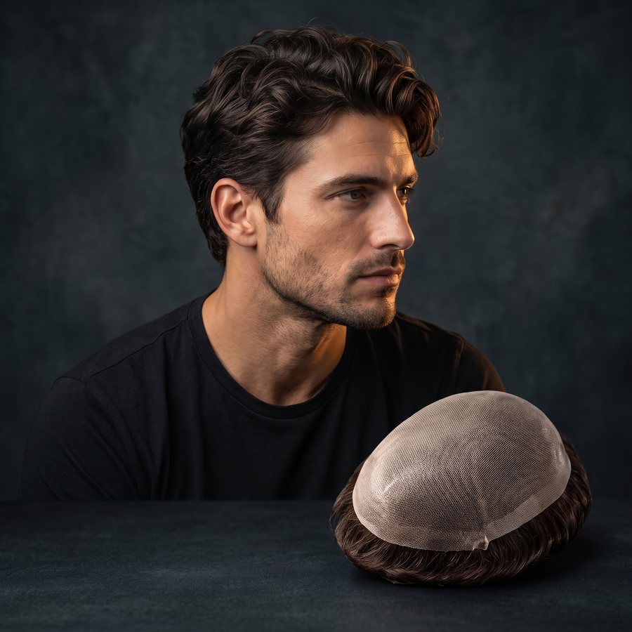 A man with a full head of natural hair, a full lace hair system base in front of him