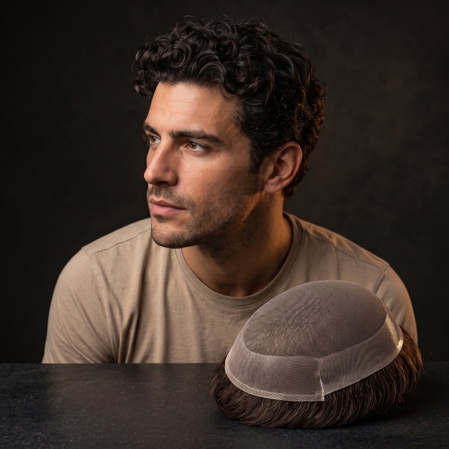 A man with a full head of natural hair, a full lace hair system base in front of him