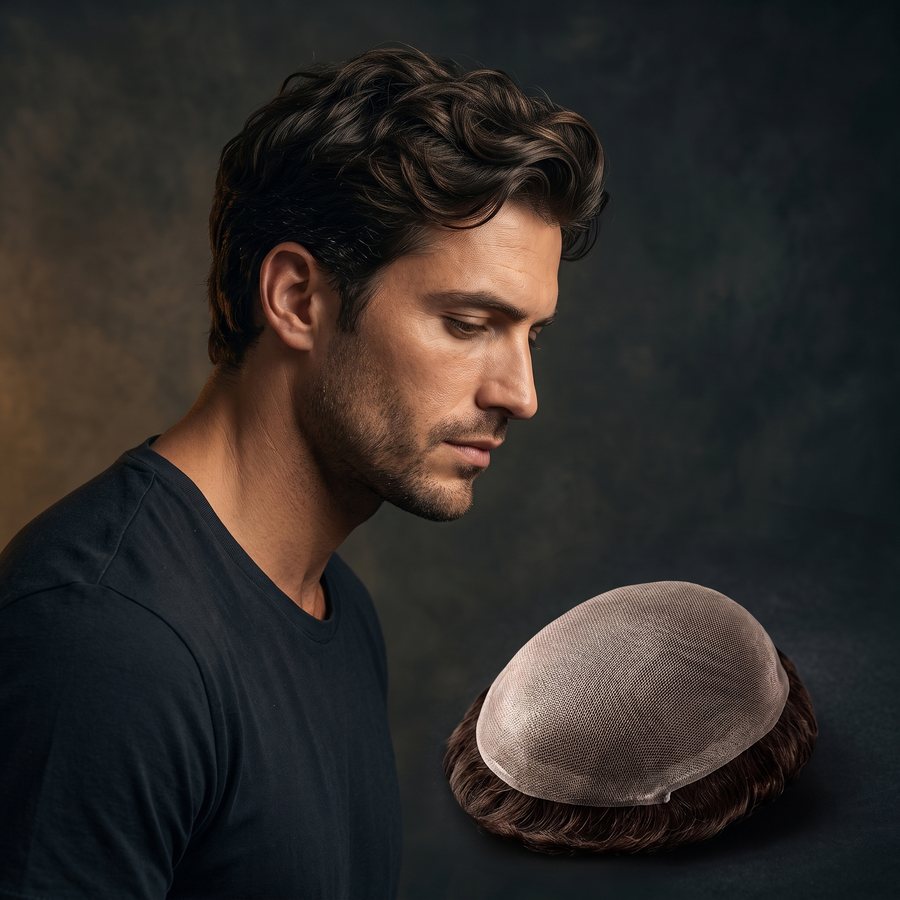 A man with a full head of natural hair, a full lace hair system base in front of him