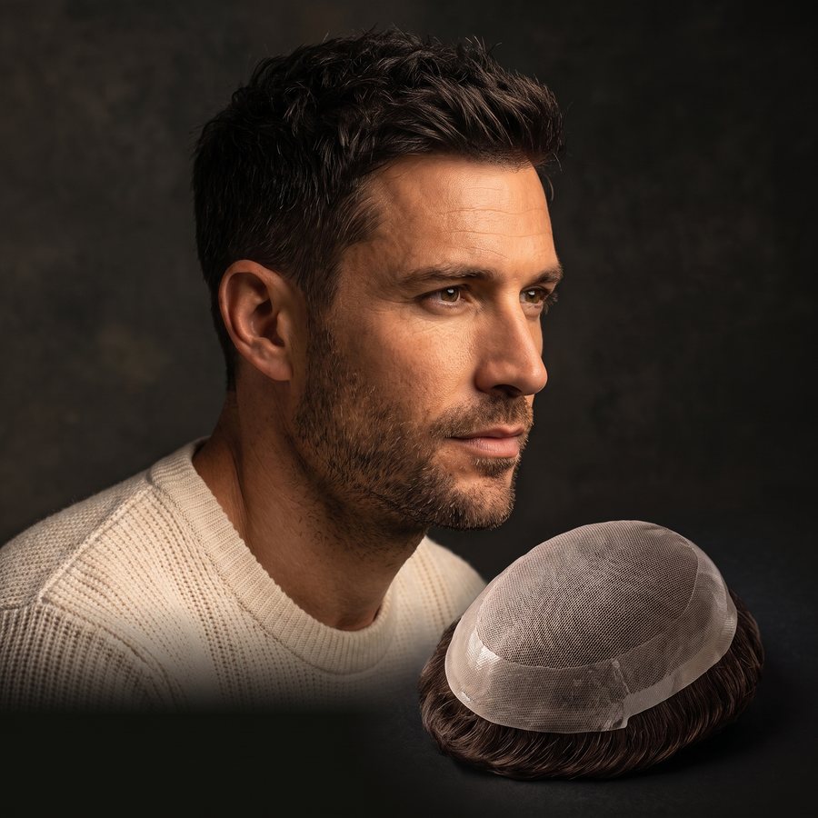 A man with a full head of natural hair, a hybrid hair system base in front of him