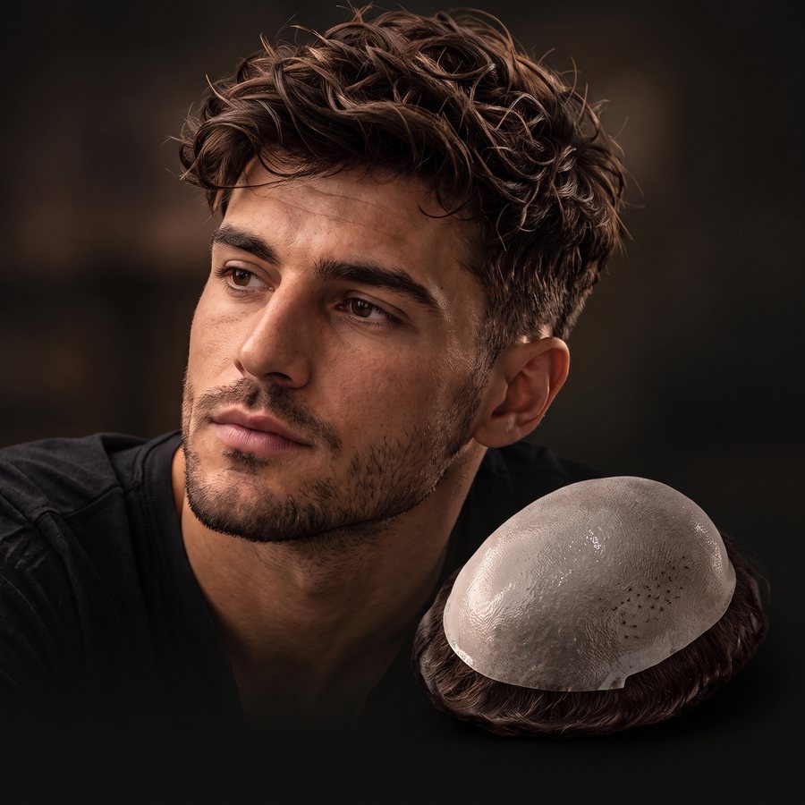 A man with a full head of natural hair, a thin skin hair system base in front of him
