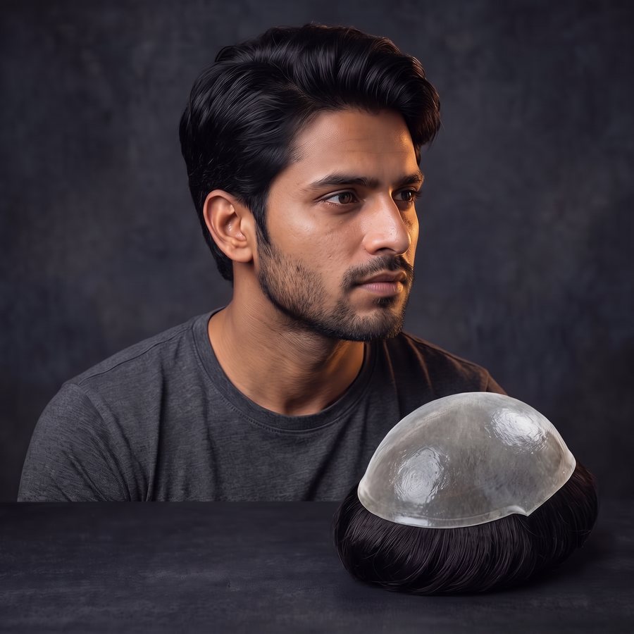 A man in his late twenties with thick, dense black hair, a denser full skin hair system with matching hair in front of him
