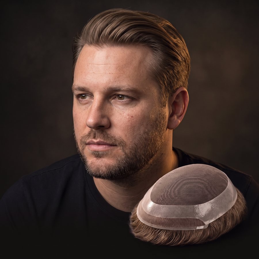 A man with dark blond hair, a hybrid hair system with a lace front and matching hair in front of him