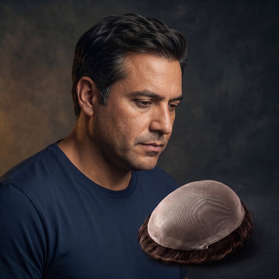 A man in his forties with dark brown hair, a full lace hair system with matching hair in front of him