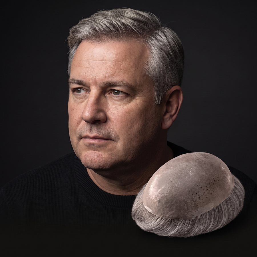A man in his fifties with grey hair, a thin skin hair system with matching grey hair in front of him